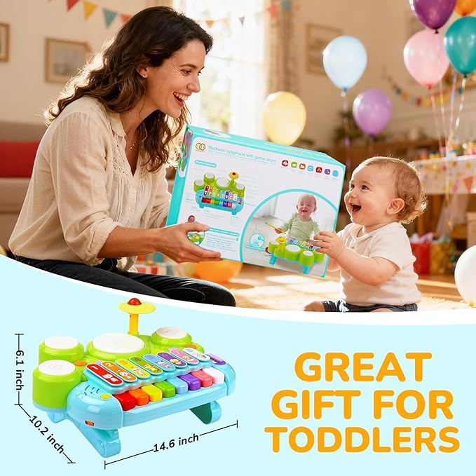 Baby Musical Toys 3 in 1 Piano Keyboard Xylophone Drum Set for 1 Year Old Girls Boys Toys Age 2 Music Instrument Learning Toys Toddlers 1-3 0-2 First Birthday Gift Infant Baby Toys 6 9 12 18 Month