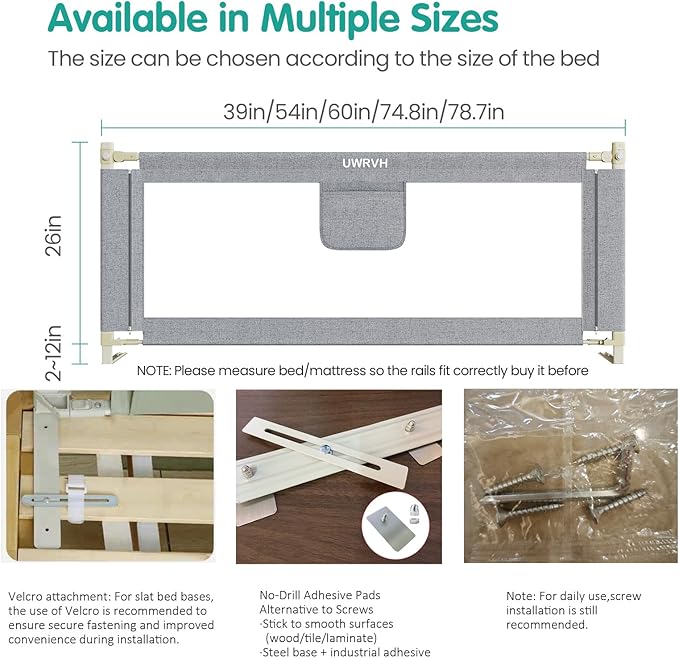 Bed Rails for Toddlers，Toddler Bed Rails，Bed Rail for Baby - Adjustable Height Bed Guard with Child Safety Lock, Universal Fit for King/Full/Twin Beds (Grey, 1 Side 78.7Inch)