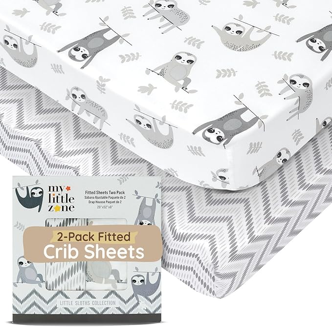 Baby Crib Sheets Boys & Girls Toddler Bed Sheets Cotton Fitted Crib Sheet Sets 28"x52", 8" Deep Pocket, Baby Mattress Sheet 2Pack 100% Cotton, Designed in France, Grey Sloth, Chevron Pattern