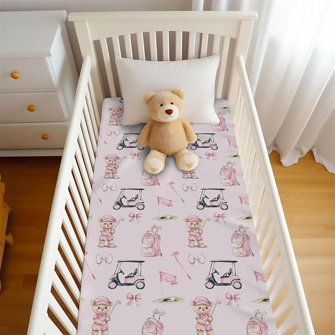 Cute Golf Bear Balls Cart Club Pink Baby Crib Sheet for Boys & Girls 52x28x9 in Bears Bows Golfing Bag Sport Fitted Crib Mattress Cover for Golfs Lover Gift Bed Sheet Bear One Size