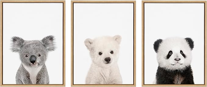 Kate and Laurel Sylvie Baby Polar Bear, Baby Panda Bear and Baby Koala Bear Framed Canvas Wall Art Set by Amy Peterson Art Studio, 3 Piece Set 18x24 Natural, Baby Animal Wall Art Décor Set