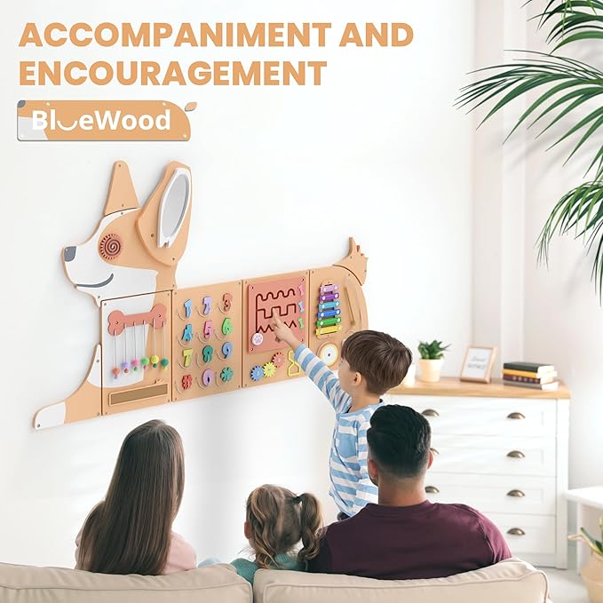 BlueWood Wooden Wall Busy Board Panels, Toddler Learning Activity Center, Montessori Philosophy Sensory, Educational Toys, Conducive to All-Round Development - Corgi