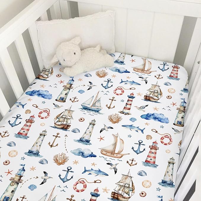 Watercolor Sailing Adventure Baby Crib Sheet 52''x28'' Nautical Life Lighthouse Boat Anchor Stretchy Fitted Crib Mattress Cover Boy Girl Beach Summer Baby Bed Sheet for Standard Crib Toddler Mattress