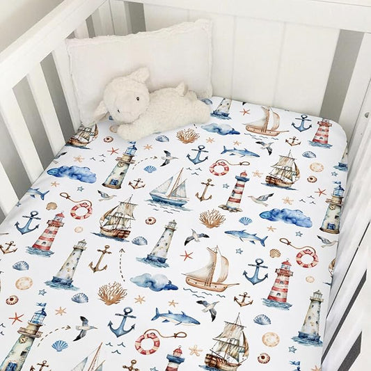 Watercolor Sailing Adventure Baby Crib Sheet 52''x28'' Nautical Life Lighthouse Boat Anchor Stretchy Fitted Crib Mattress Cover Boy Girl Beach Summer Baby Bed Sheet for Standard Crib Toddler Mattress