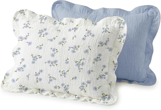 Muslin Ruffled Toddler Pillowcases 13"x18" 2 Pack, Soft, Breathable Muslin Cotton Travel Pillow Covers with Envelope Closure for Baby Boys, Girls & Kids (Blue Meadow-Ruffled, 13 x 18 Inch)