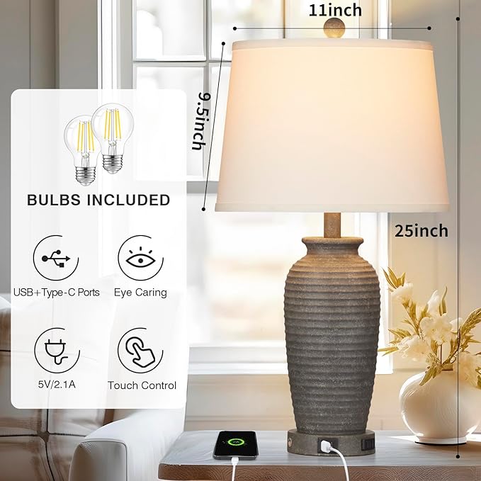 CINSARY 25" Farmhouse Jar Table Lamps Set of 2, 3 Way Touch Control Rustic Bedside Lamps with USB A+C Ports & AC Outlet, Pot Nightstand Lamps for Bedroom Living Room (LED Bulbs Included)