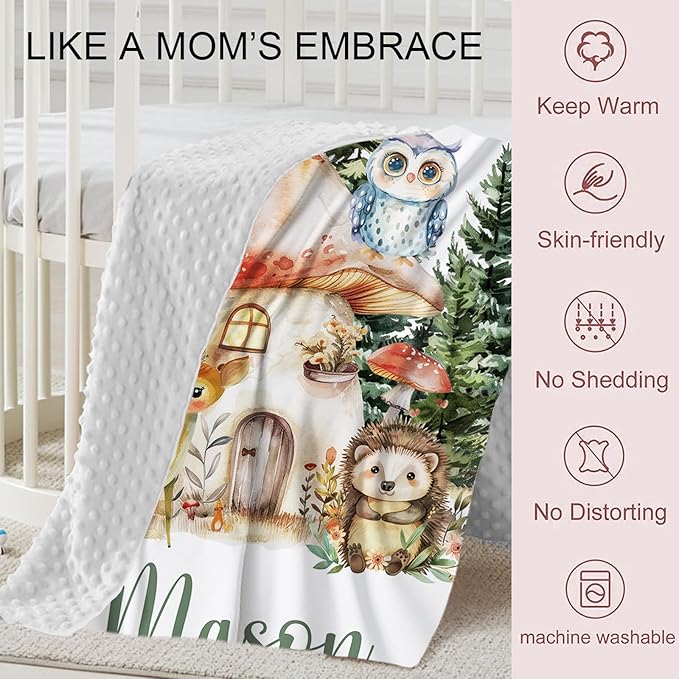 Personalized Baby Crib Bedding Set, Custom Name Mushroom House Baby Bedding 2-Pcs Set - Soft Double Layer Dotted Blanket and Fitted Sheet, Nursery Bedding for Newborn Boys Girls, Perfect Shower Gift