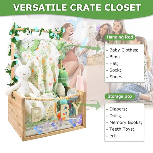 PIIOSER Baby Shower Crate Closet, Multifunctional Wooden & Acrylic Visible Baby Storage Box with Handle, Newborn Welcome Baby Toy Baskets for Boys Girls, Pregnancy Gifts for New Moms(Beige)