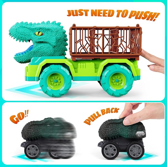 18 in 1 Dinosaur Toys for Kids 3-5, Dinosaur Truck Toys for Kids with 2 Pull Back Cars, 8 Dino Figures, Birthday Party Favors&Christmas Presents for Boys and Girls