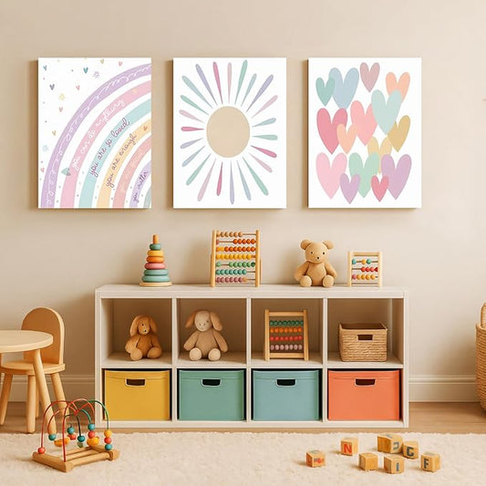 LLEEMPI Framed Pink Heart Sun Rainbow Wall Art Set of 3, Baby Room Wall Decor, Boho Rainbow Nursery Canvas Painting, Classic Minimalist Poster Prints for Bedroom Bathroom Classroom 16x24 Inch