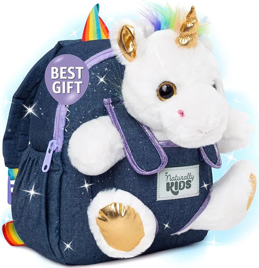 Naturally KIDS 【Upgraded】 Toddler Backpack w Removable Unicorn Toy for Girls Age 2-6 | Side & Inner Pockets, Reflective Logo, Name Tag, Sparkly Denim | Cute Christmas Gifts