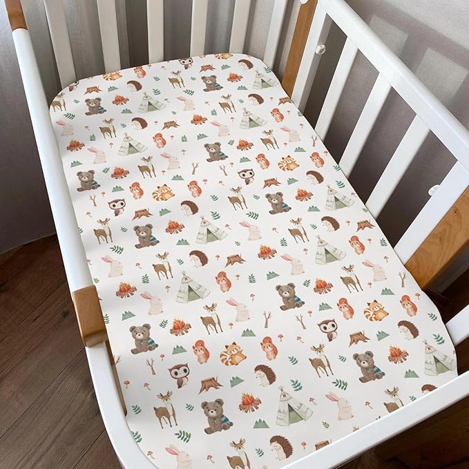 Camping Animals Baby Crib Sheets for Boy Girl 52x28In Bear Deer Raccoon Squirrel Bunny Hedgehog Owl Soft Snug Fitted Crib Mattress Cover Baby Sheet for Standard Crib & Toddler Mattress 2 Pack