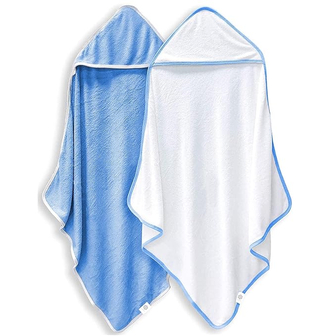 2 Pack Baby Bath Towel - Rayon Made from Bamboo, Ultra Soft Hooded Towels for Kids - X Large Size for 0-7 Yrs (White and Navy Blue, 37.5 x 37.5 Inch)