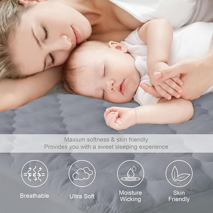 Twin Mattress Protector Pad Waterproof Quilted, Breathable & Cooling Twin Size Mattress Cover Fitted for Kids with Deep Pocket Up to 14" for Single Bed, (Gray)
