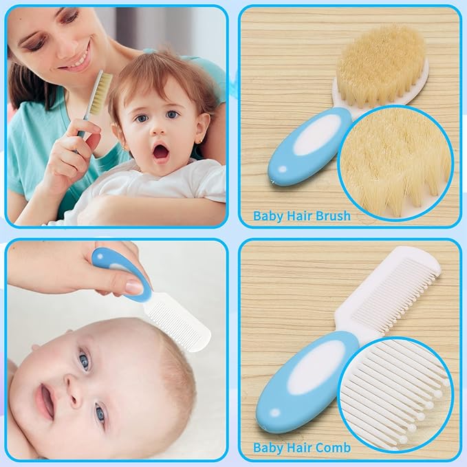 Baby Healthcare and Grooming Kit, Baby Safety Set Newborn Nursery Health Care Set with Hair Brush Scale Measuring Spoon Nail Clippers for Baby Girls Boys (24PCS Blue)