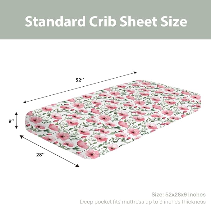 Watercolor Red Poppies Baby Crib Sheets for Boy Girl 28"x52" Vintage Poppies Flowers Soft Stretchy Fitted Crib Mattress Cover Spring Summer Baby Sheet Fits for Standard Crib and Toddler Mattress