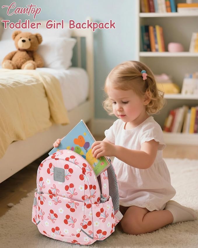 CAMTOP Toddler Backpack for Boys Girls 2-4, Kids Backpacks for Kindergarten Preschool, 12" H Small Bookbag for Daycare Travel (Cherry Pink, 12''- Not fit A4 folder)