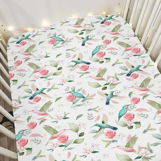 Hummingbird Greenery Floral Baby Crib Sheets for Boy Girl 28"x52" Spring Birds Leaves Soft Snug Fitted Crib Mattress Cover Forest Animals Nursery Baby Sheet for Standard Crib & Toddler Mattress Pad