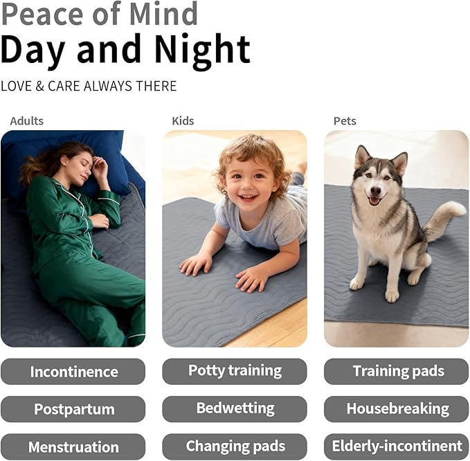 Accompagner Waterproof Reusable for Adults and Pets Washable Pee Pads for Dogs Changing Pad Large Dog Bed Size Adults Incontinence Bed Pads - Non-Slip Leak-Proof (Dark Gray, 2Pack-36" x54")