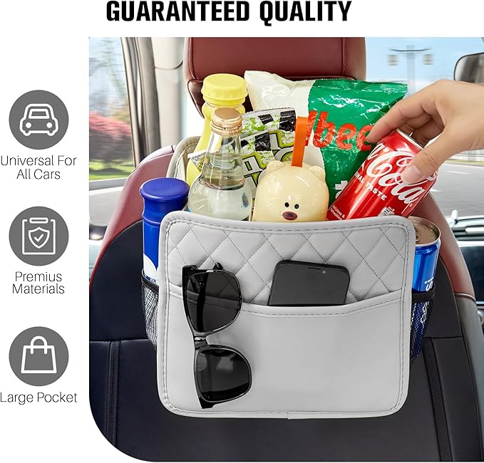 LXUNYI Car Seat Organizer, Updated Large Leather Backseat Car Organizer with Cup Holders Multifunctional Over the Car Seat Storage Organizer Bag Hanging Car Seat Back Organizers for Kids (Gray 2Pack)