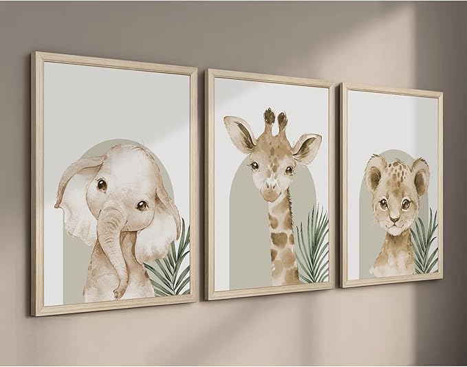Animal Wall Art Pictures Baby Nursery Canvas Wall Art Decor Safari Animal Prints Jungle kids Wall Art Woodland Nursery Wall Decor Giraffe Jungle Poster for Room 12x16 Inch Wood Framed Set of 3