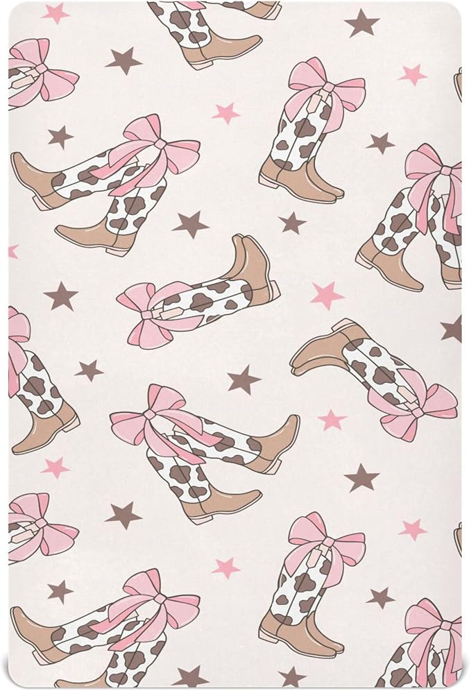 Bows Cowgirl Boots Western Crib Sheets Soft Breathable Fitted Baby Crib Sheets Mattress Cover for Girl Boys, 52" x 28" x 9"