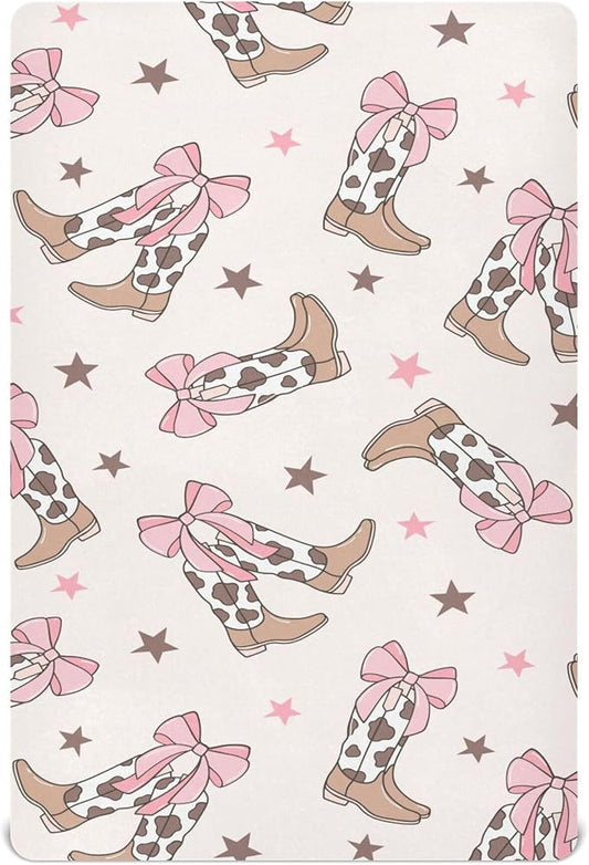 Bows Cowgirl Boots Western Crib Sheets Soft Breathable Fitted Baby Crib Sheets Mattress Cover for Girl Boys, 52" x 28" x 9"