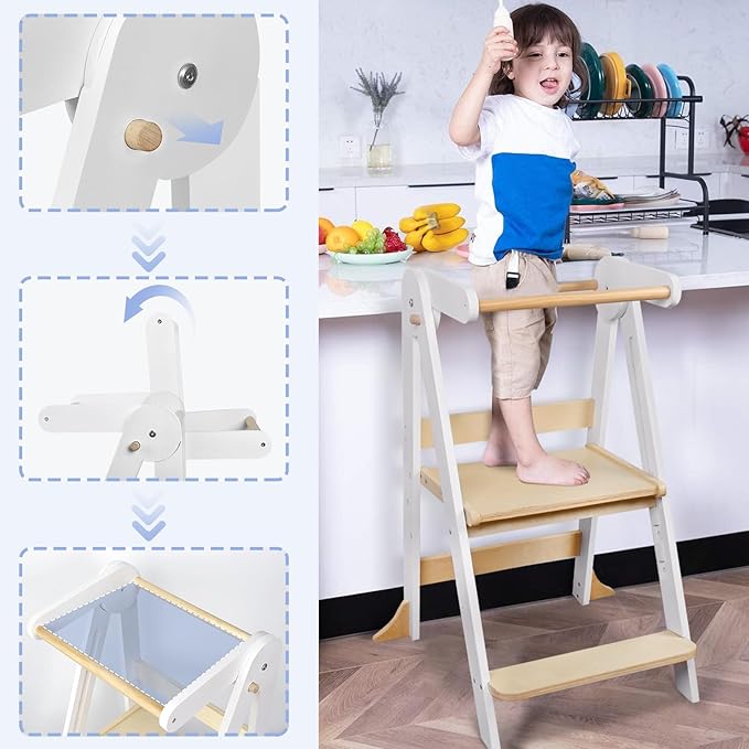 Foldable Toddler Step Stool for Kitchen - Adjustable Wooden Kitchen Helper with Safety Rail & Anti-Tip Feet, Montessori Counter Standing Tower for Kids 2-6 Years (White)