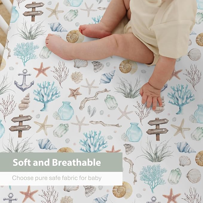 Ocean Boho Summer Baby Crib Sheets for Boy Girl 52"x28" Seashells Conch Starfish Corals Anchors Soft Stretchy Fitted Crib Mattress Cover Nautical Life Baby Sheet for Standard Crib & Toddler Mattress