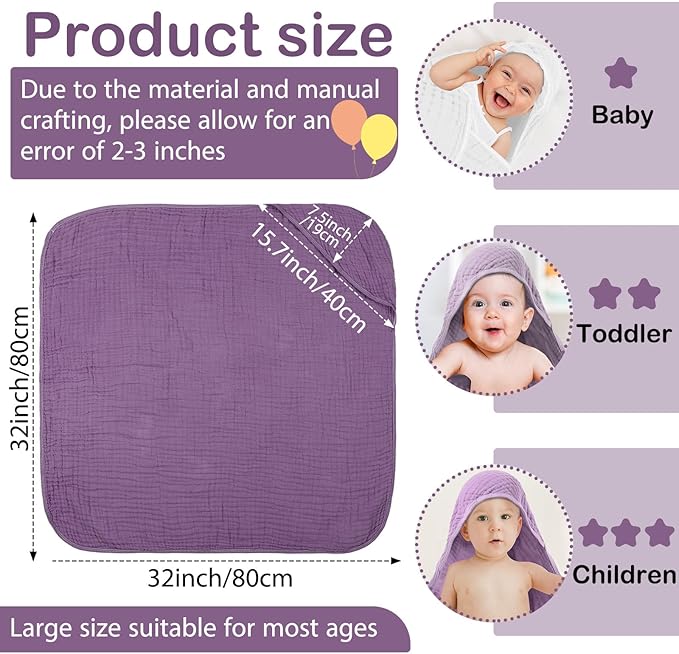 Peryiter 4 Pcs Muslin Hooded Baby Towels, 32x 32'' Cotton Newborn Bath Towel Muslin Infant Baby Blankets Absorbent Unisex Christmas Registry Gift Essentials for Girls Boys (Purple Series)