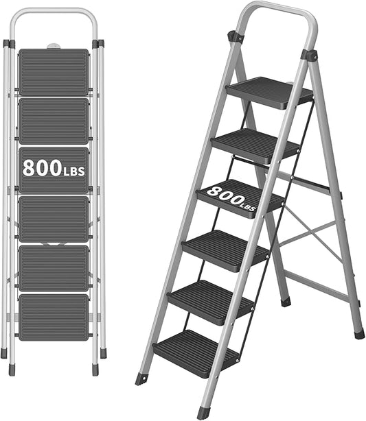 DIAMONDFORGE 6-Step Foldable Step Ladder Stool with Handle, Anti-Slip Wide Pedals & Feet, 800lbs Capacity, Sturdy Stepstool Folding for Adults in Home & Kitchen Use - Silver Gray
