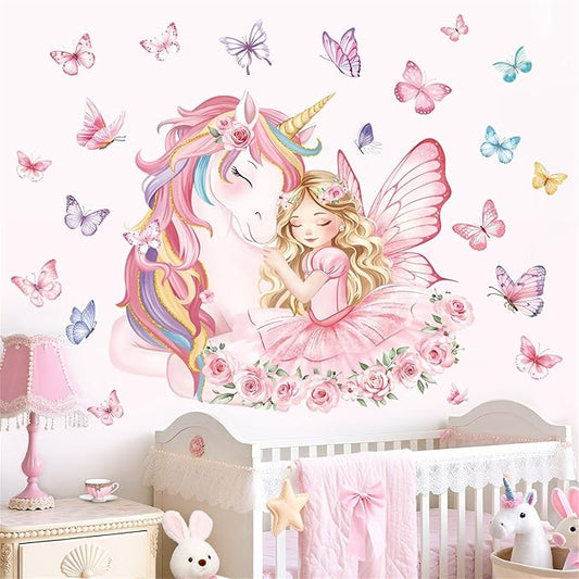 decalmile Large Unicorn Wall Stickers Pink Fairy Girl Butterfly Wall Decals Baby Nursery Bedroom Girls Room Home Decor