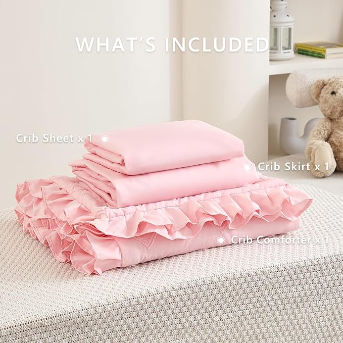 3-Piece Tufted Ruffle Crib Bedding Set for Girls - Ultra Soft Baby Bedding Set Includes Boho Crib Comforter, Sheet & Skirt (Light Pink)
