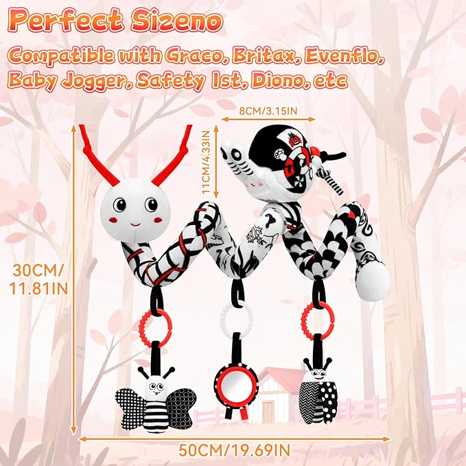 Spiral Car Seat Baby Toys 0-6 Months, Activity High Contrast Black White Sensory Toys with Wrist Rattles Set Hanging Stroller Accessories, Newborn Adjustable Carseat Toys for Baby Boys Girls