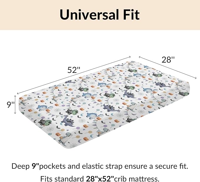 Cute Halloween Dinosaurs Baby Crib Sheets Spooky Dinosaur Pumpkin Bats Fitted Crib Mattress Cover for Standard Crib Toddler Mattress Halloween Night Baby Sheet 28x52in