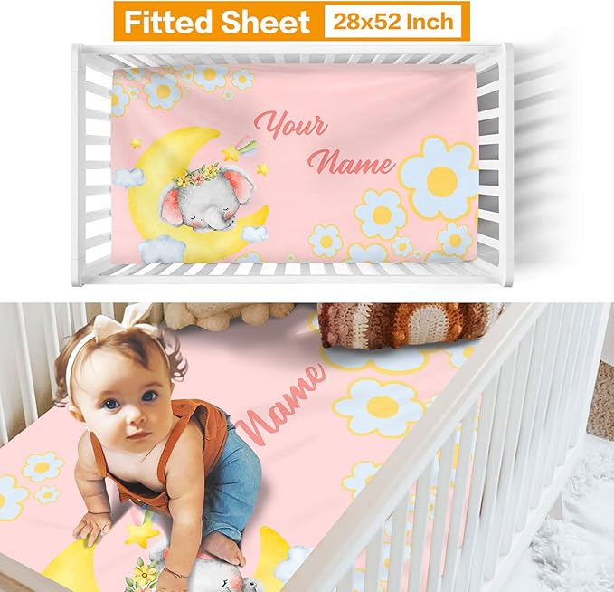 Custom Nursery Crib Bedding Set: Personalized Nursery Decor Baby Blanket Fitted Crib Sheet Changing Pad Cover Baby Room Rug Sleeping Elephant Moon Pattern Gift Idea(Fixed Size)