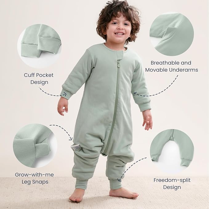 kaiya baby Unisex Toddler Sleep Sack with Feet 1.0 Tog Split Legs Sleep Sack 18-36Months, Sleep Bag Walker, Gifts for Boys & Girls, Pea Green