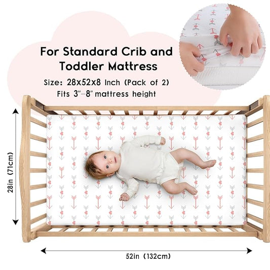 Yoofoss Baby Crib Sheets for Boys Girls, Fitted Crib Sheet 2 Pack for Standard Crib and Toddler Mattress, Super Soft Microfiber Baby Sheet 28x52x8in(Arrow)