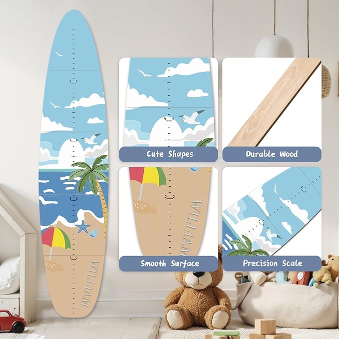 Woodemon Personalized Name Growth Chart, Surfboard Children's Height Growth Chart Wall Board, Stereoscopic Height Ruler, Precision Height Measuring Instrument for Nursery Room, Includes Tools