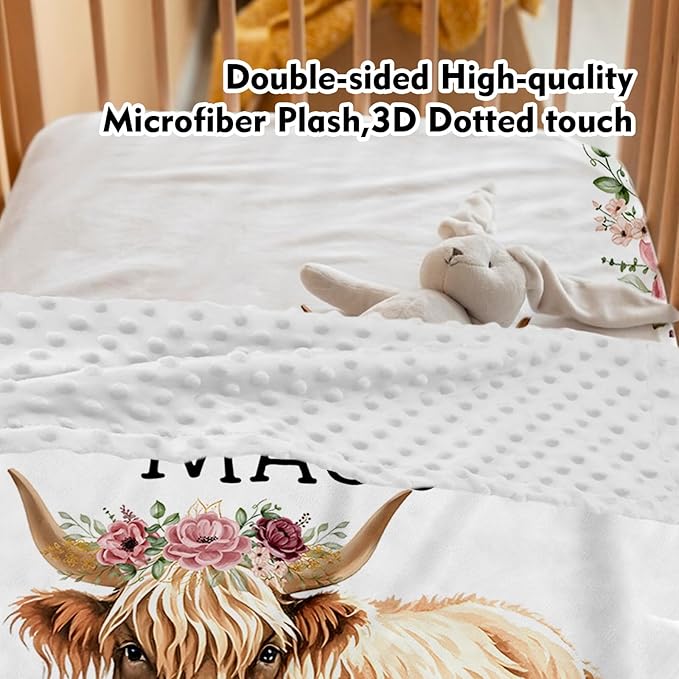 Personalized Baby Crib Bedding Set: 4 Piece Custom Flower Highland Cow Crib Bed Set with Name, Nursery Bedding Set for Baby Girls, Newborn Boys Crib Sets, Crib Bedding Custom Gift, Crib Sheet