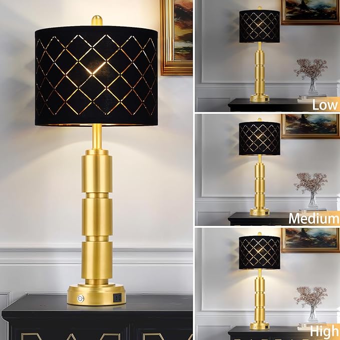 luxeflow Set of 2 Modern Table Lamps for Living Room Bedroom,29" Tall Bedside Lamp with 2 USB Port,Gold Metal Touch Nightstand Lamp with Black Grid Shade for End Table Entryway,Gold