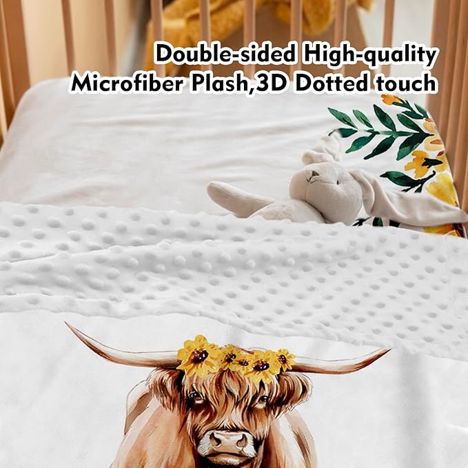 Personalized Baby Crib Bedding Set: 4 Piece Custom Yellow Highland Cattle Crib Bed Set with Name, Nursery Bedding Set for Baby Girls, Newborn Boys Crib Sets, Crib Bedding Custom Gift, Crib Sheet