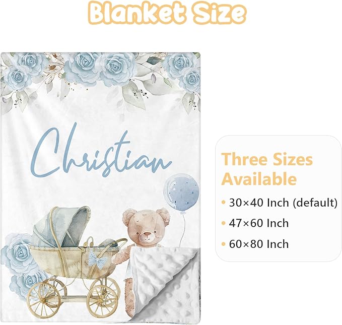 Personalized Baby Crib Bedding Set, 3 Pcs Custom Nursery Bedding Set with Name, Soft Baby Crib Set with Double Layer Blanket for Boys Girls, Customized Gifts for Toddlers Infants, Blue Bear