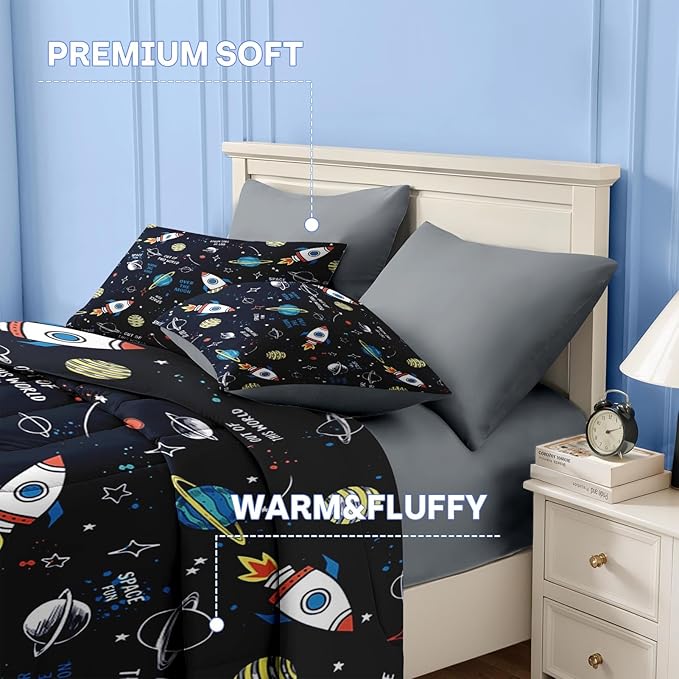 Nesker 4 Pcs Comforter Set Toddler Size, Space Moon Universe Bedding for Kids Teen, Rockets Planets Stars Bed Sheet with Pillowcase & Sham