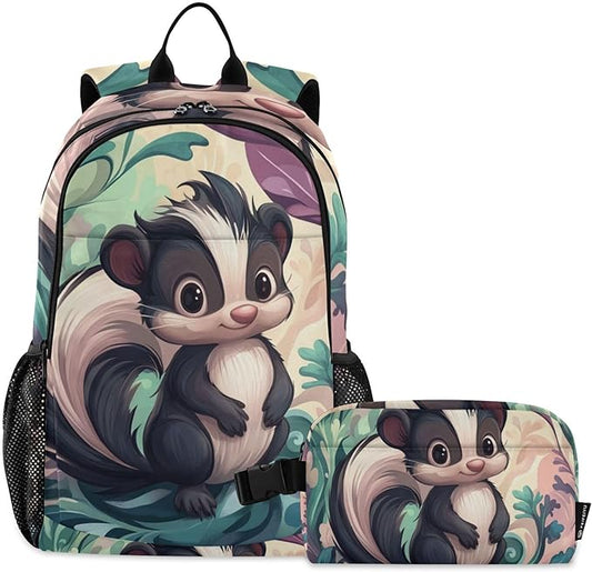 Jucciaco Cute Cartoon Skunk Kids Backpack with Lunch Bag for Boys Girls Travel School Backpack Sets