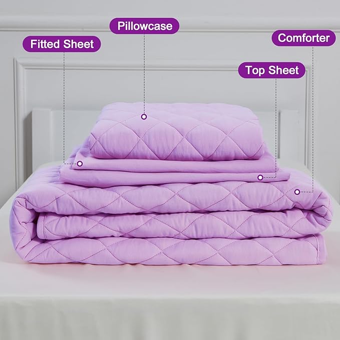 Wowelife Toddler Bedding Set, 4 Piece Toddler Bedding Soft and Breathable Crib Bedding Set, Includes Quilted Comforter, Flat Top Sheet, Fitted Sheet, Envelope Pillow Case for Boys and Girls, Purple