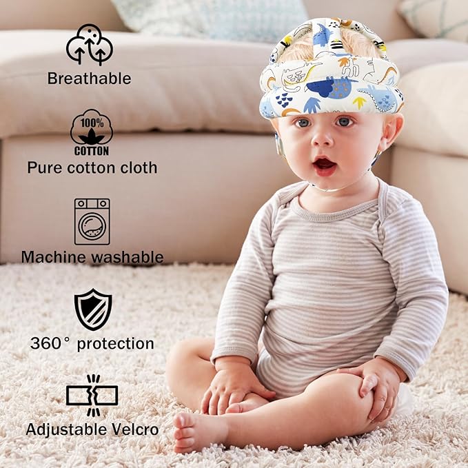 Baby Head Protector Baby Helmet for Crawling Walking, No Bumps Safety Head Adjustable Protective Cap for Walking, Playing - Blue Dinosaur