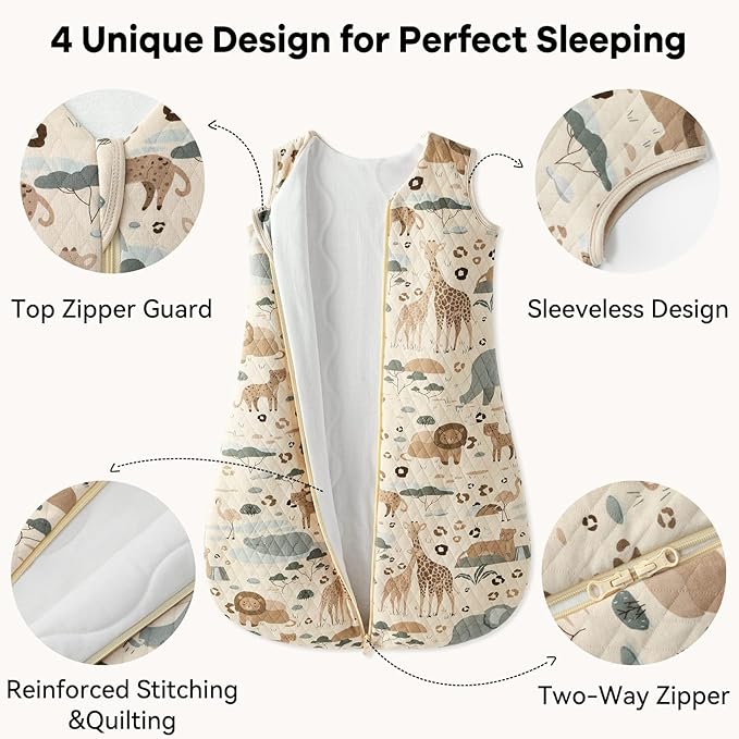 Baby Sleep Sack 6-12 Months 1.5 Tog Baby Wearable Blanket 100% Cotton Fabric Warm Sleeping sack with 2-Way Zipper Quilted for Infant Newborn Tog Apricot Elephant