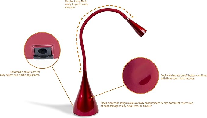 Newhouse Lighting NHGS-LED-RD Red Flexible Touch Sensor Switch Energy-Efficient LED Goose Neck Desk Lamp in 3000K Warm White Color Temperature with USB 2.1A Charging Port