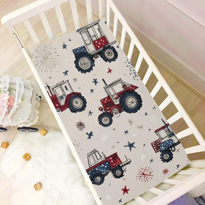 Tractors July 4th Fireworks and Stars Crib Sheets Standard Crib Toddler Mattresses Cover Fitted Baby Bed Sheet Breathable Crib Mattress Sheet for Girls Boys 39''x27''x9''